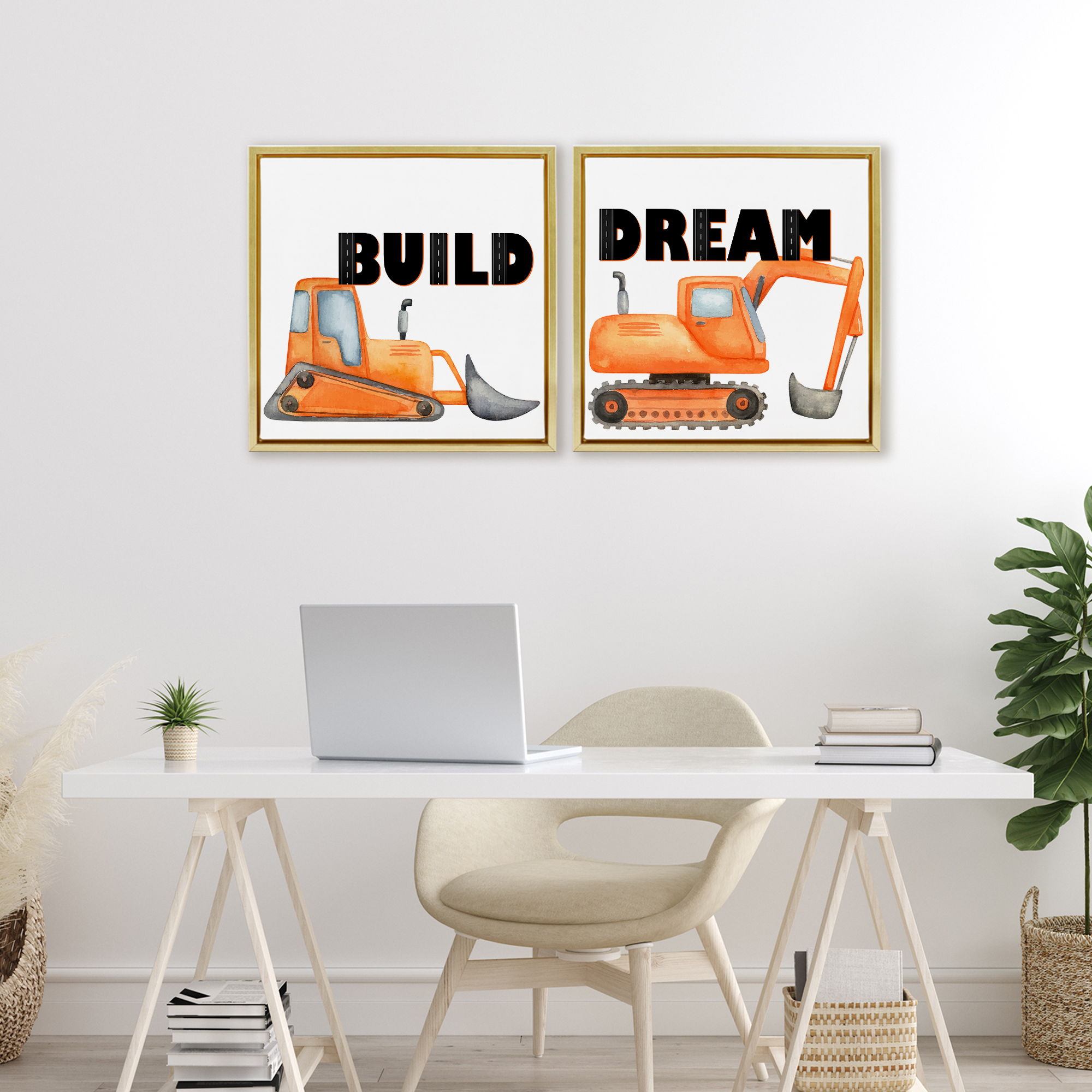Build & Dream Construction Vehicles 2 Piece Gold Framed Floater Canvas Set, design by Kim Allen