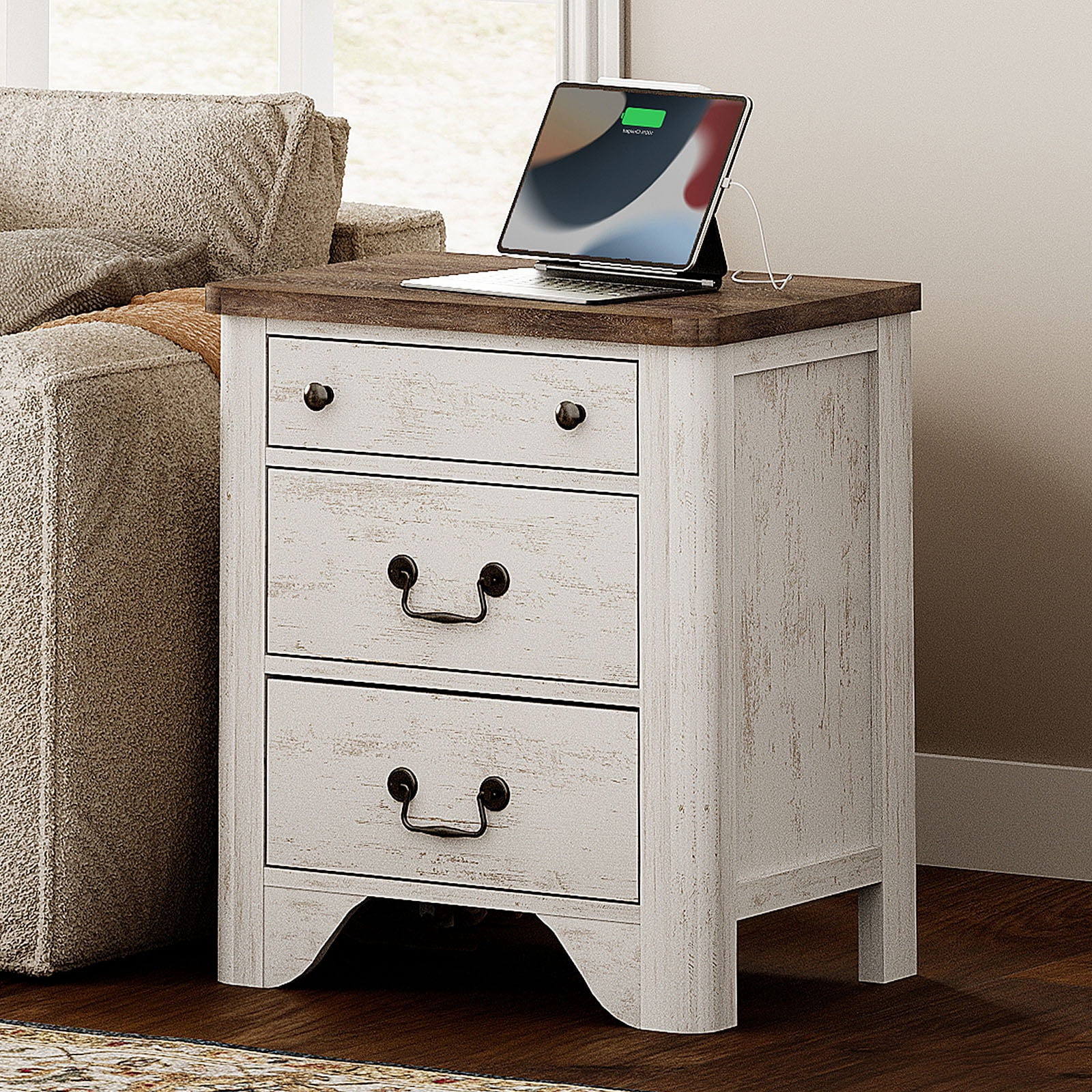 Farmhouse 3-Drawer End Table with Charging Station, Wood Side Table for Living Room, White