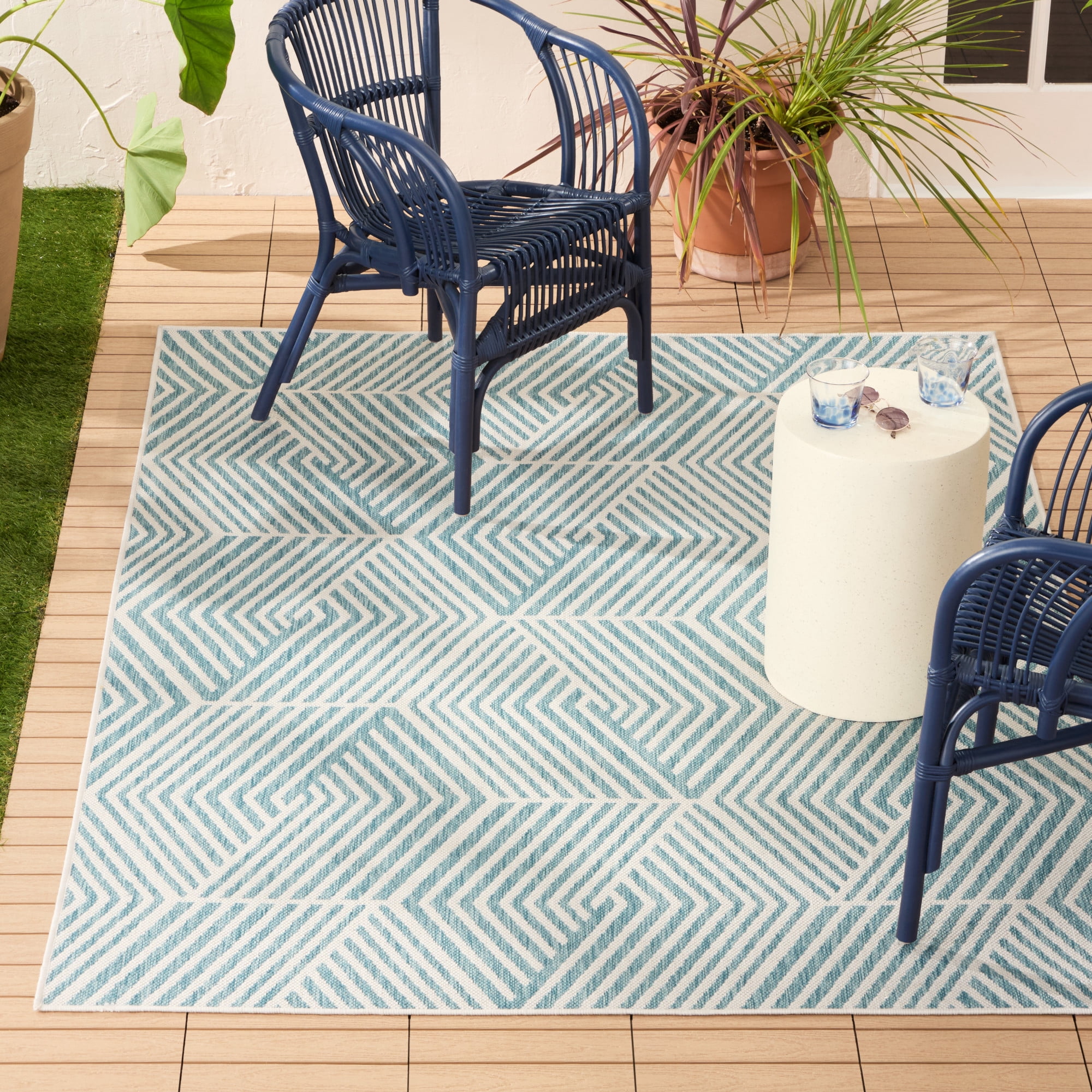 NICOLE MILLER NEW YORK Patio Country Ombre Geo Indoor Outdoor Area Rug, UV Fade Resistant, Low Pile, Blue/Cream, 6'6"x9'2"