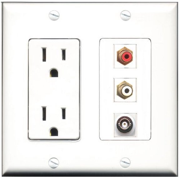 RiteAV - 15 Amp Power Outlet 1 Port RCA Red 1 Port RCA White 1 Port BNC Decorative Wall Plate