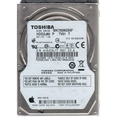 MK7559GSXF, E0/GQ005B, HDD2J60 P TV01 T, Toshiba 750GB SATA 2.5 Hard Drive