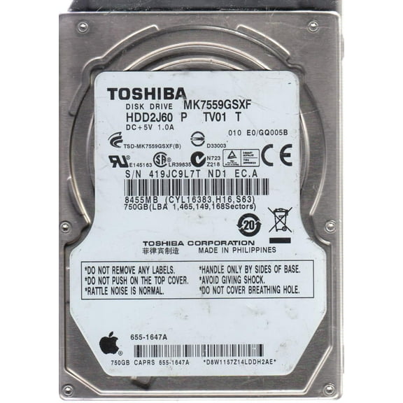 MK7559GSXF, E0/GQ005B, HDD2J60 P TV01 T, Toshiba 750GB SATA 2.5 Hard Drive