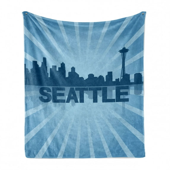 Seattle Skyline Soft Flannel Fleece Throw Blanket, Blue Monochrome Art Bold Lettering with a Shadowy Silhouette, Cozy Plush for Indoor and Outdoor Use, 50" x 70", Sky Blue and Dark Blue, by Ambesonne