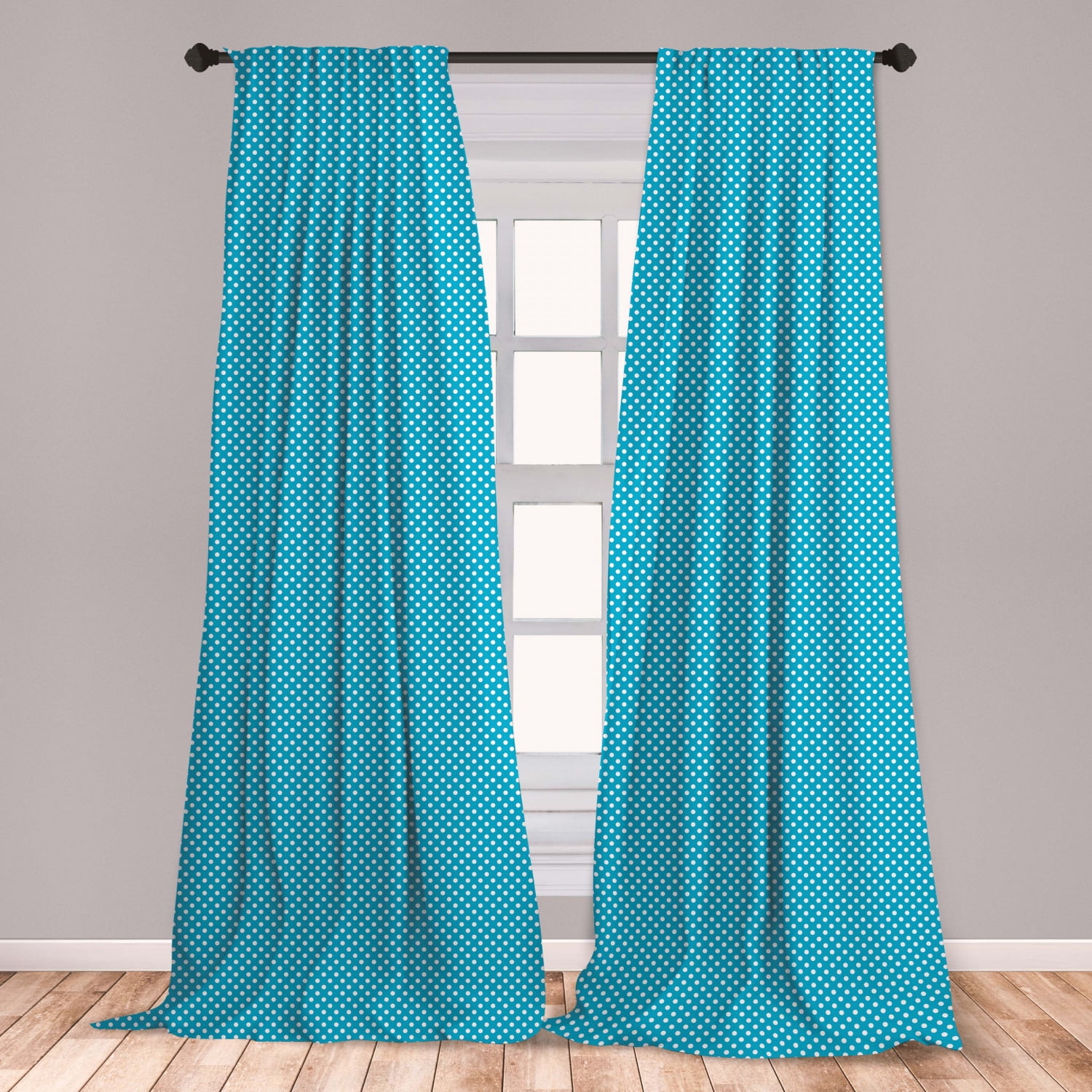 Blue Curtains 2 Panels Set, Retro Style Pattern with Little White Polka