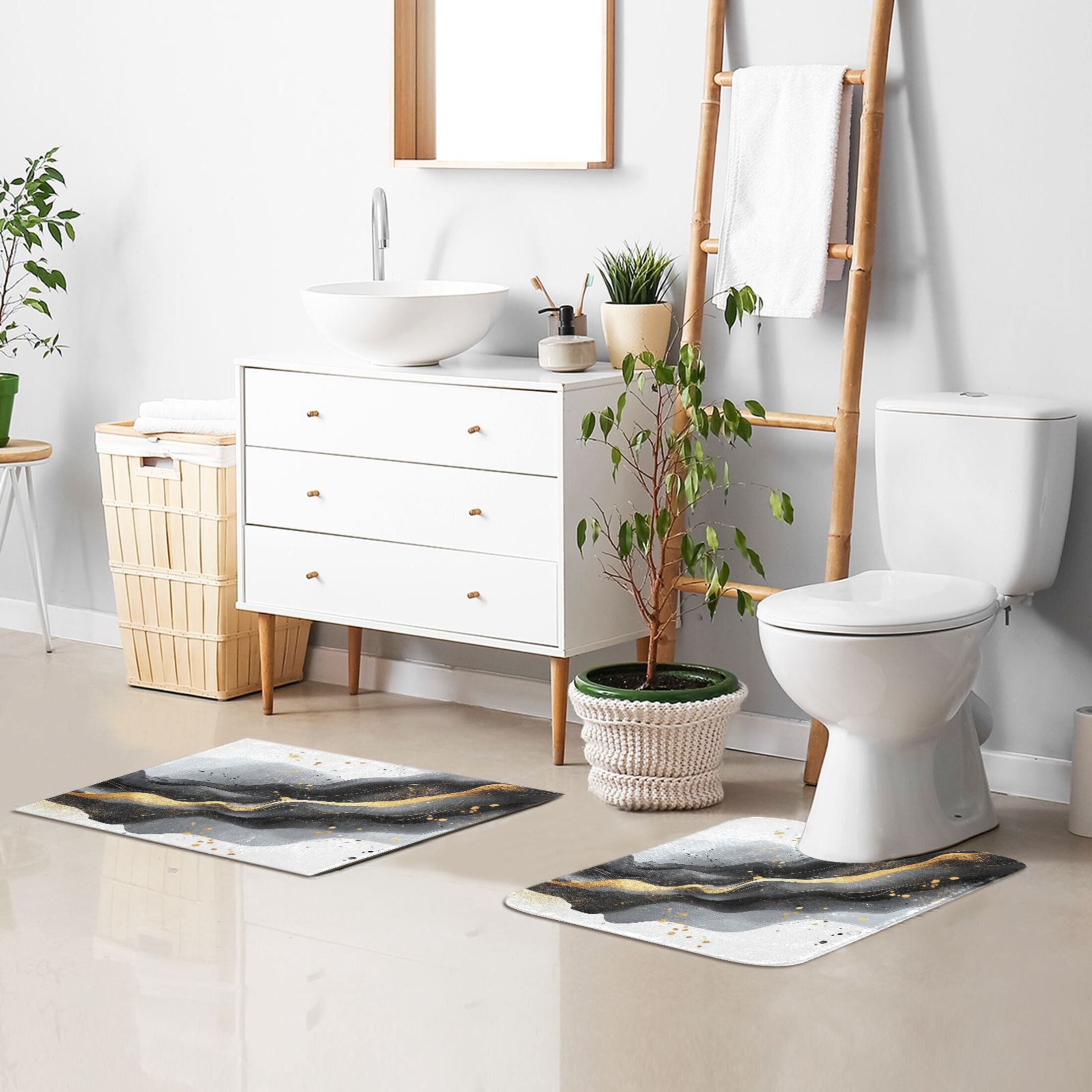 2 Piece Soft Bathroom Rug Set Black and Gold Shapes Bath Mat and U-Shaped Toilet Contour Rug (16"x24"+20"x24")
