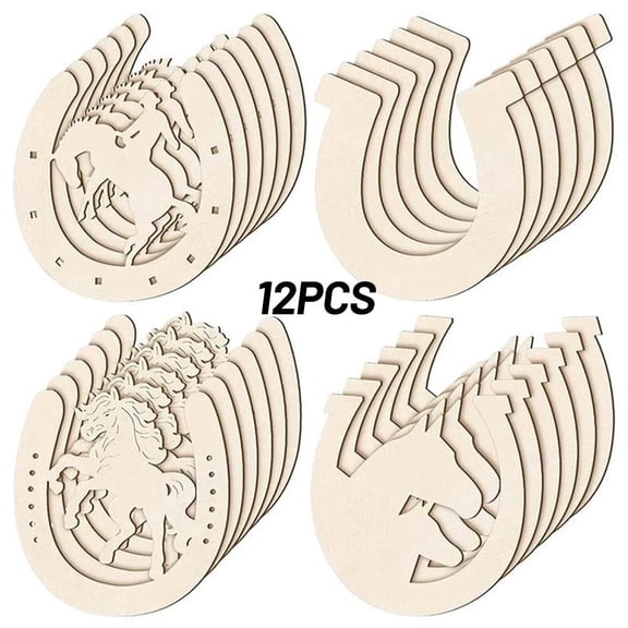 Pekkaxy Unfinished Wood Horse & Horseshoe Cutouts, 3.25 in x 3.66 in, 12-Pack, Perfect for Painting and DIY Customization, Ideal for Western-Themed Party Favors and Rustic Home Decor