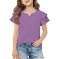 thumbnail image 2 of Grblisyd Girls' V-Neck Ruffle Top Casual Cute T Shirts Loose Fit Short Sleeve Tops Tees Fashion Solid Blouses Clothes Light Purple 2-3Y, 2 of 6