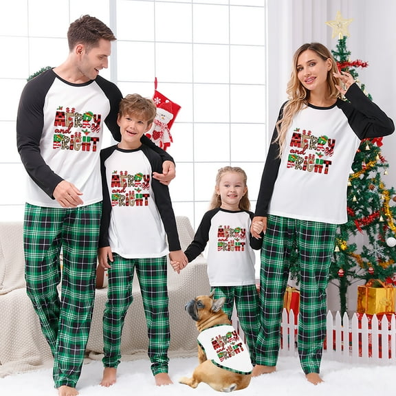 Festive Family Matching Christmas Pajamas Set with Merry and Bright Design, Sizes NB to 6XL with Pet Outfit