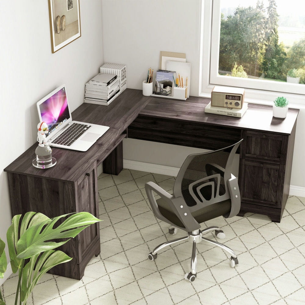 Demi Bonn L-Shaped Office Desk with Storage Drawers and Keyboard Tray, Small Home Computer Desk Study Writing Table, Dark Brown