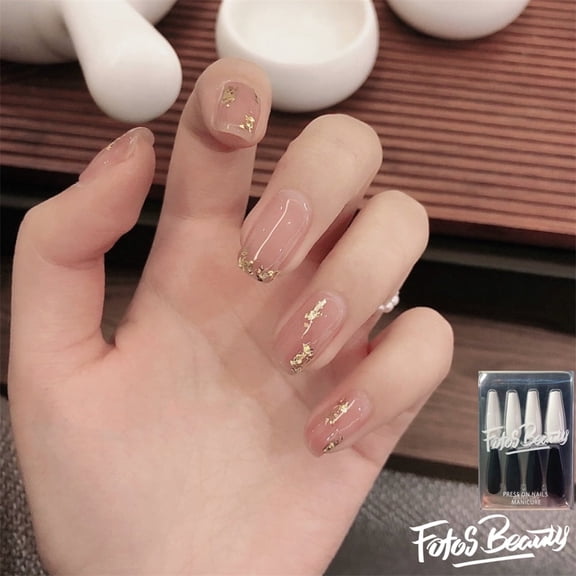 Fofosbeauty 24pcs Square Fake Nails, Press on False Nails,Nude Gold
