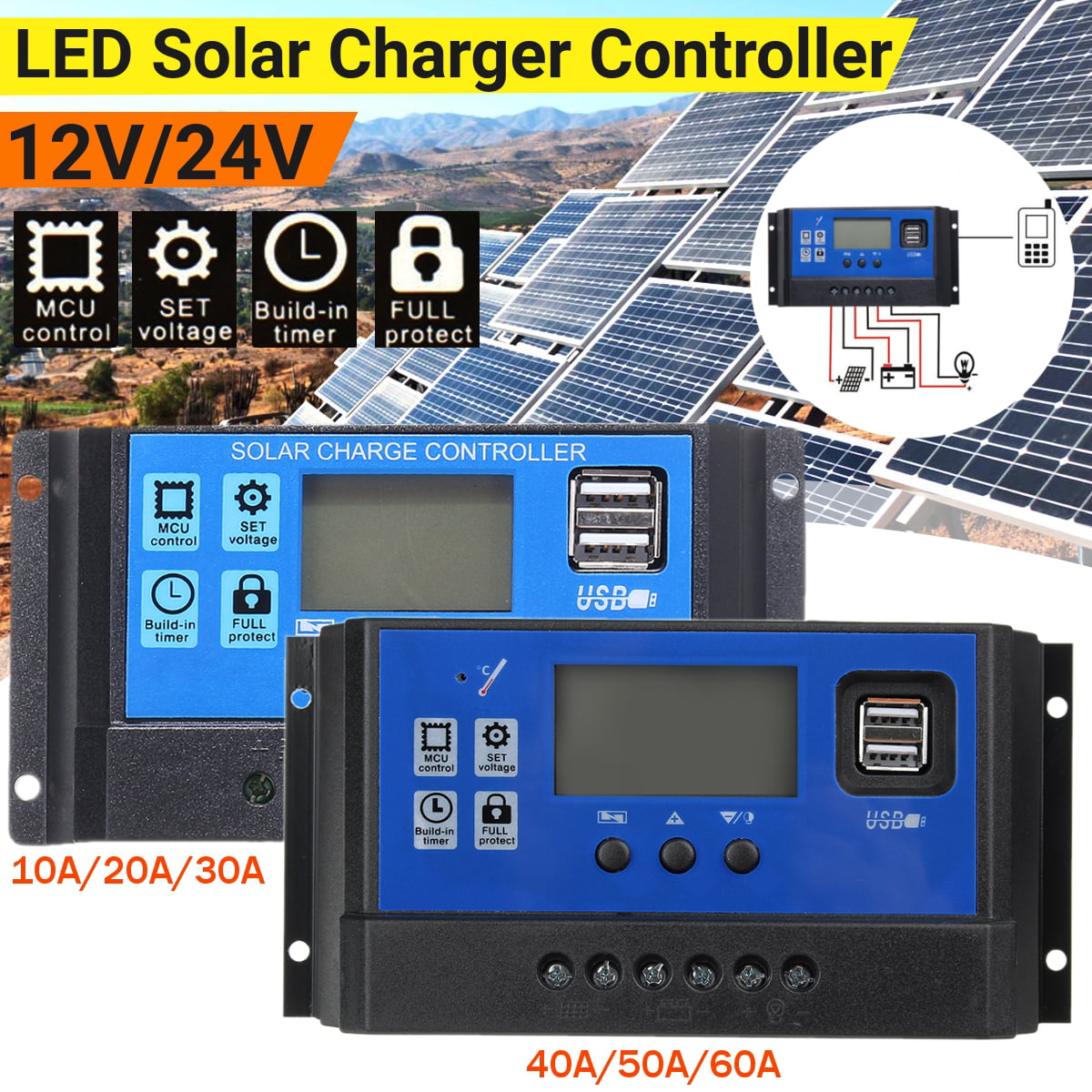 30A Solar Charger Controller PWM Dual USB Battery Charge Regulator Panel 12/24V 