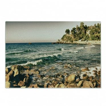 Sicily Cutting Board, Rocky Coast Italy Summer Sunset Nature Scenery Tranquil Photo Small Waves, Decorative Tempered Glass Cutting and Serving Board, in 3 Sizes, by Ambesonne