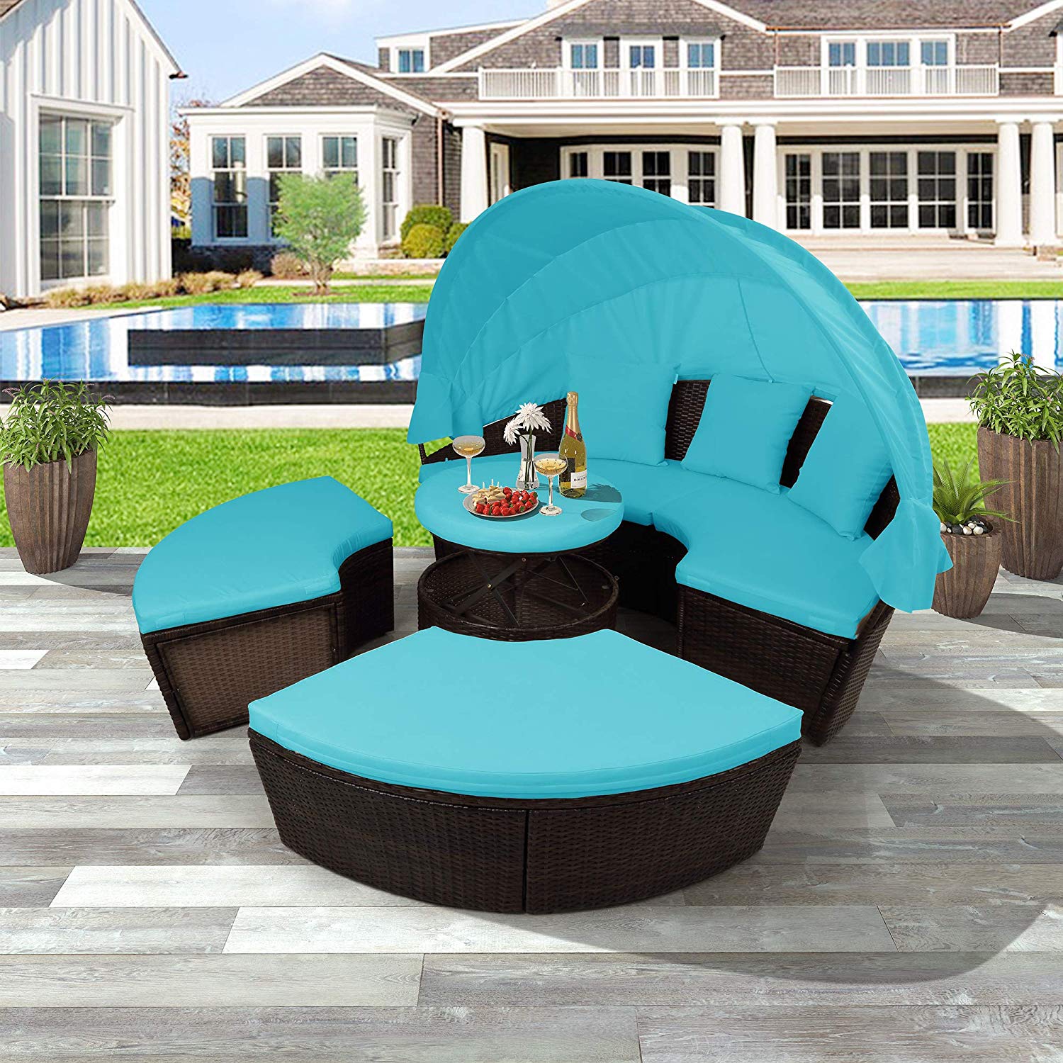 5 Piece Patio Round Wicker Sectional Sofa Set with Retractable Canopy