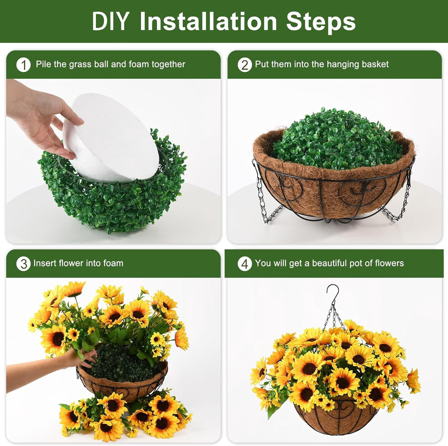 Artificial Sunflowers Fake Hanging Flowers Plants Baskets for Outdoor Spring Summer Decoration, Faux Silk Flowers Look Real UV Resistant for Porch Patio Garden Summer Home Decor