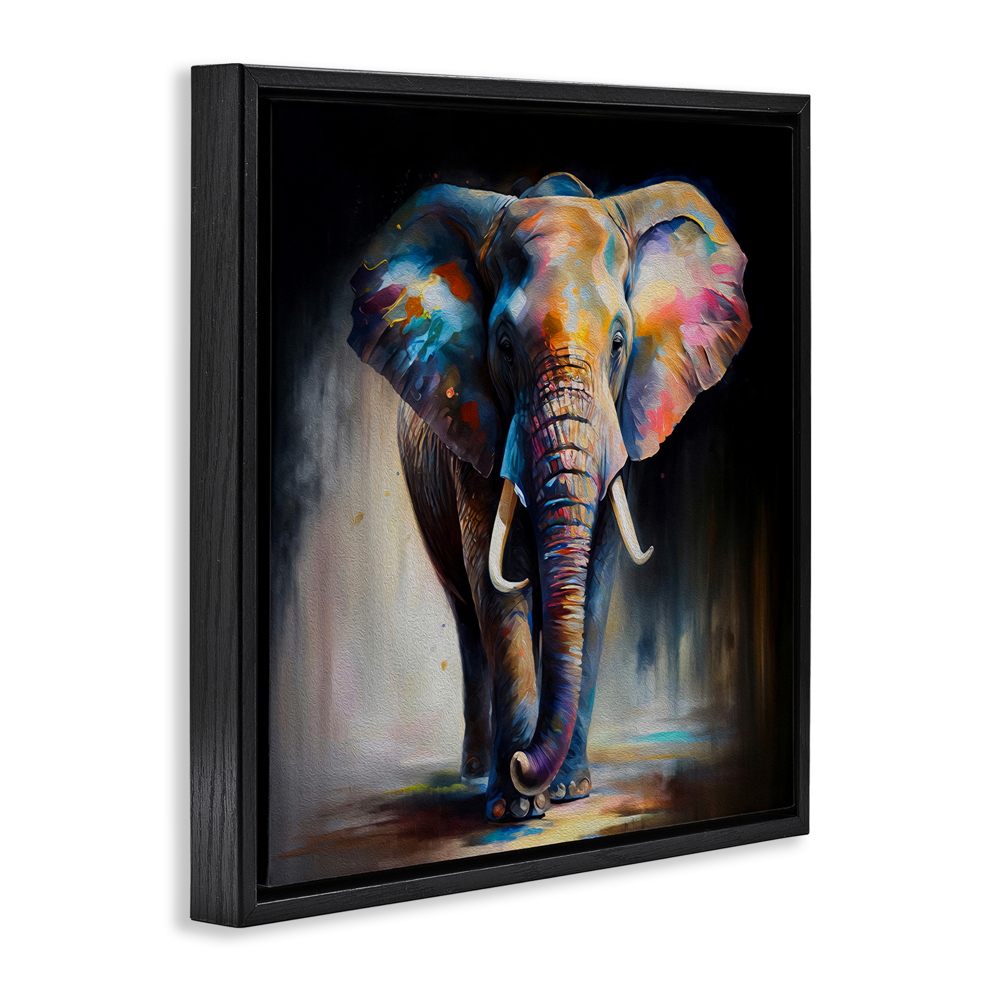 Stupell Industries Stepping Elephant in Shadow Animals & Insects Painting Black Floater Framed Canvas Art Print Wall Art, 18 x 18