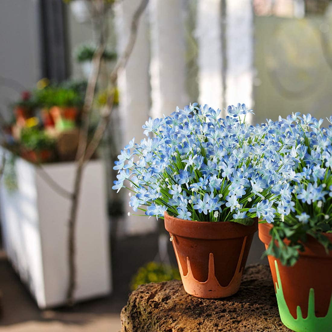 Morttic 10 Bundles Artificial Daffodils Flowers, Outdoor  UV Resistant Fake Artificial Greenery No Fade Faux Plastic Plants for Home Garden Kitchen Office Table Vase (Blue)