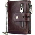 thumbnail image 1 of Cartera de cadena para hombres con bloqueo de cuero genuino con cremallera plegable con ventana de identificación y bolsillo para monedas (café), 1 of 5