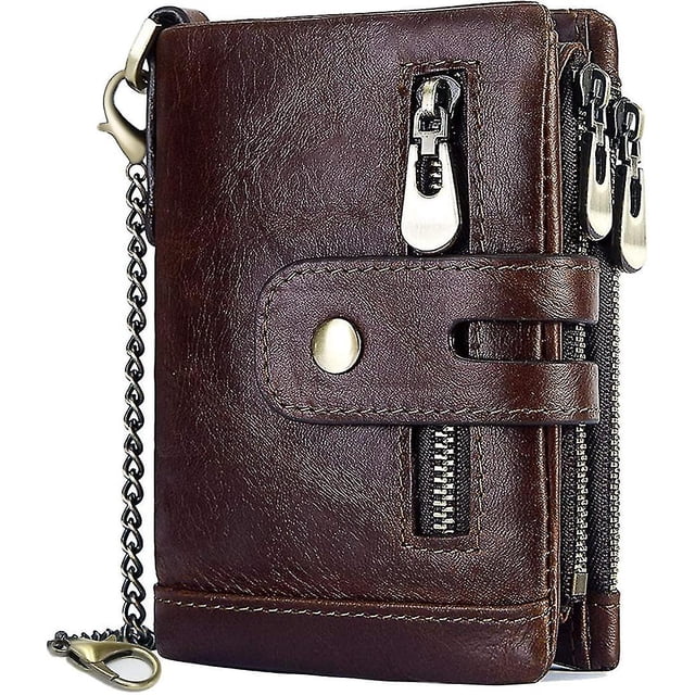 Cartera de cadena para hombres con bloqueo de cuero genuino con cremallera plegable con ventana de identificación y bolsillo para monedas (café)