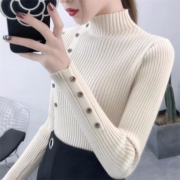 Suéter de manga larga con Cuello medio alto, Jersey elegante de punto informal con botones, ropa de otoño e invierno, 2024