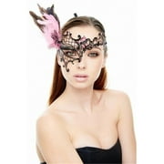 Kayso FK2007BK-PK Phantom of the Opera Inspired Black Laser Cut Masquerade Mask with Pink Feather Arrangement - One Size
