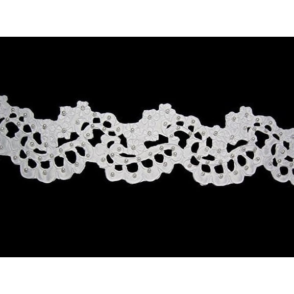 Altotux 3" White Bridal Satin Pearl Beaded Floral Corded Trim w/ Cut Out by Yard