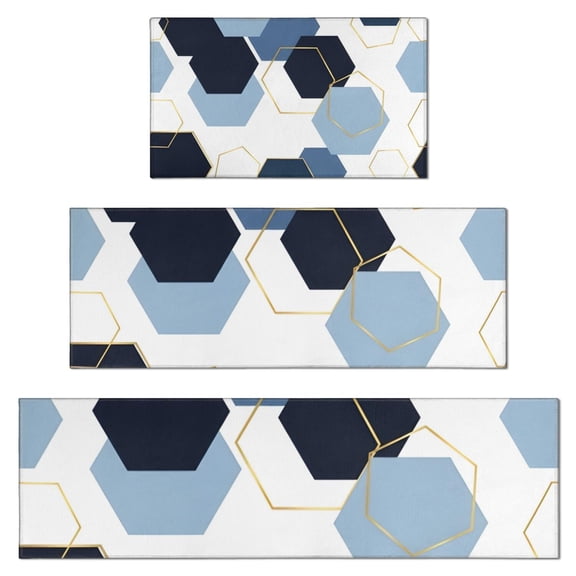 Blue Gold Hexagon Marble Kitchen Rugs Sets Of 3,Kitchen Runner Rugs Non Skid Washable,Decorative Kitchen Floor Mats for Kitchen,Sink,Laundry,17"x30" 17"x47" 17"x59"