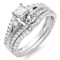 1.00 Carat (ctw) 10K White Gold Princess & Round Diamond Ladies Engagement Bridal Wedding Band Set 1 CT