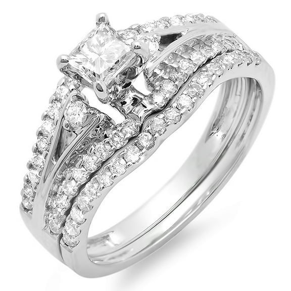 1.00 Carat (ctw) 10K White Gold Princess & Round Diamond Ladies Engagement Bridal Wedding Band Set 1 CT
