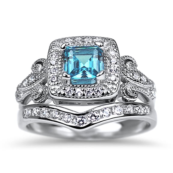 Vintage Blue Topaz CZ Wedding Engagement Bridal Ring Set for Women Size 6