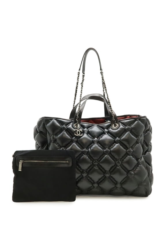 Pre-Owned CHANEL Bubble Quilted Tote Bag, Large Tote, Handbag, Chain Shoulder, Leather, Black