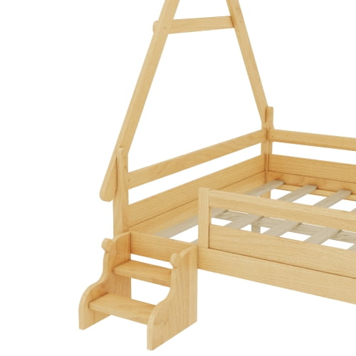 Full Size House Floor Bed with Stairs, Teepee Floor Bed with Haning Rack, Montessori Floor Bed with Fence, Wood House Bed with Slats, Natural