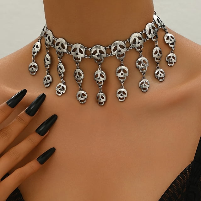 Gothic Silvery Skull Tassel Necklace - Perfect For Halloween & Parties, Alloy Fashion Accessory For Women