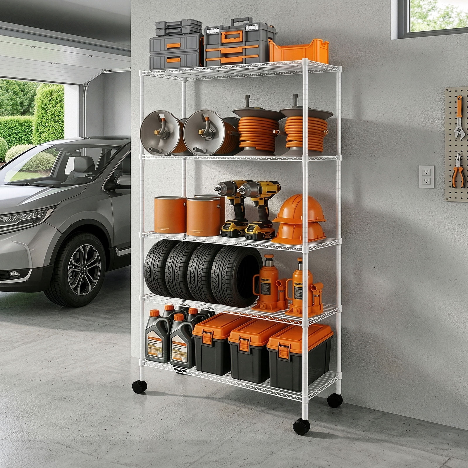 Ktaxon Commercial 5 Tier Storage Rack, Adjustable Rolling Metal Garage Shelving Chrome, 35''W x 14''D x 65''H, Capacity for 440lbs White