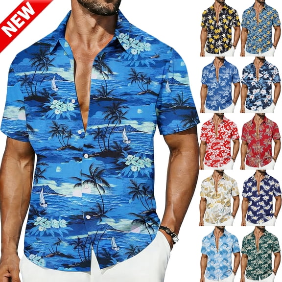 Tqyyweavej Men's Hawaiian Shirt Printed Botton Down Color Block T-Shirts Lapel Collar Short Sleeve Summer Beach Vacation Tops S-5XL