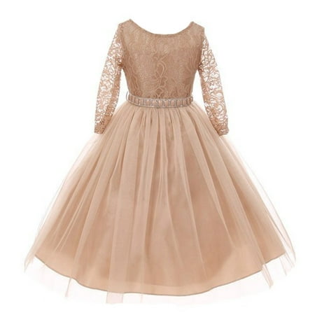 Girls Champagne Floral Lace Rhinestone Waist Tulle Junior Bridesmaid (Best Dress Stores For Juniors)