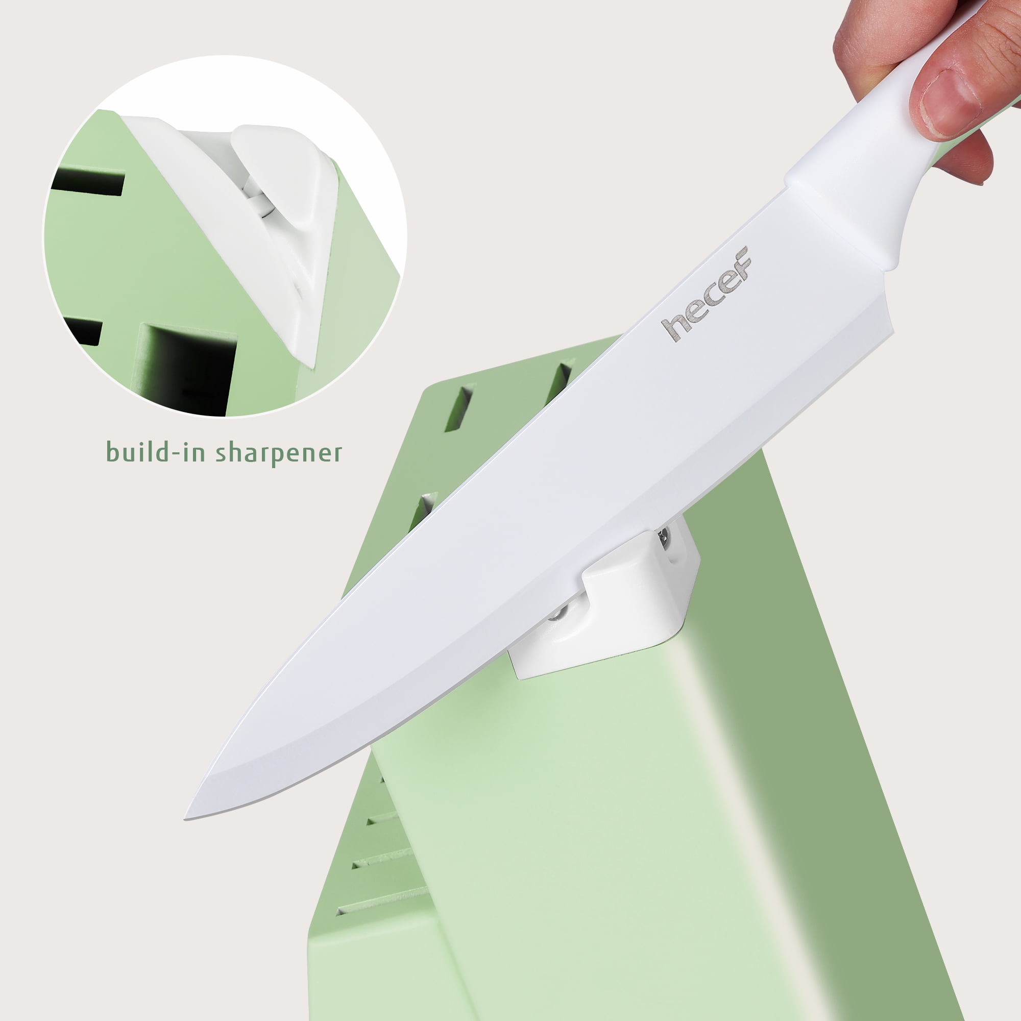 Hecef 15-Piece Stainless Steel Knife Set with Block, Food-Grade Non-Stick Coating