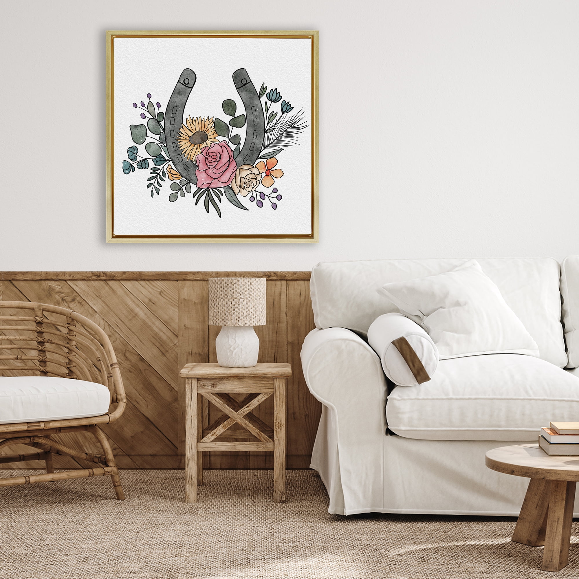 Stupell Industries Boho Floral Horseshoe Gold Framed Floater Canvas Wall Art, design by Alisha Kiara Design