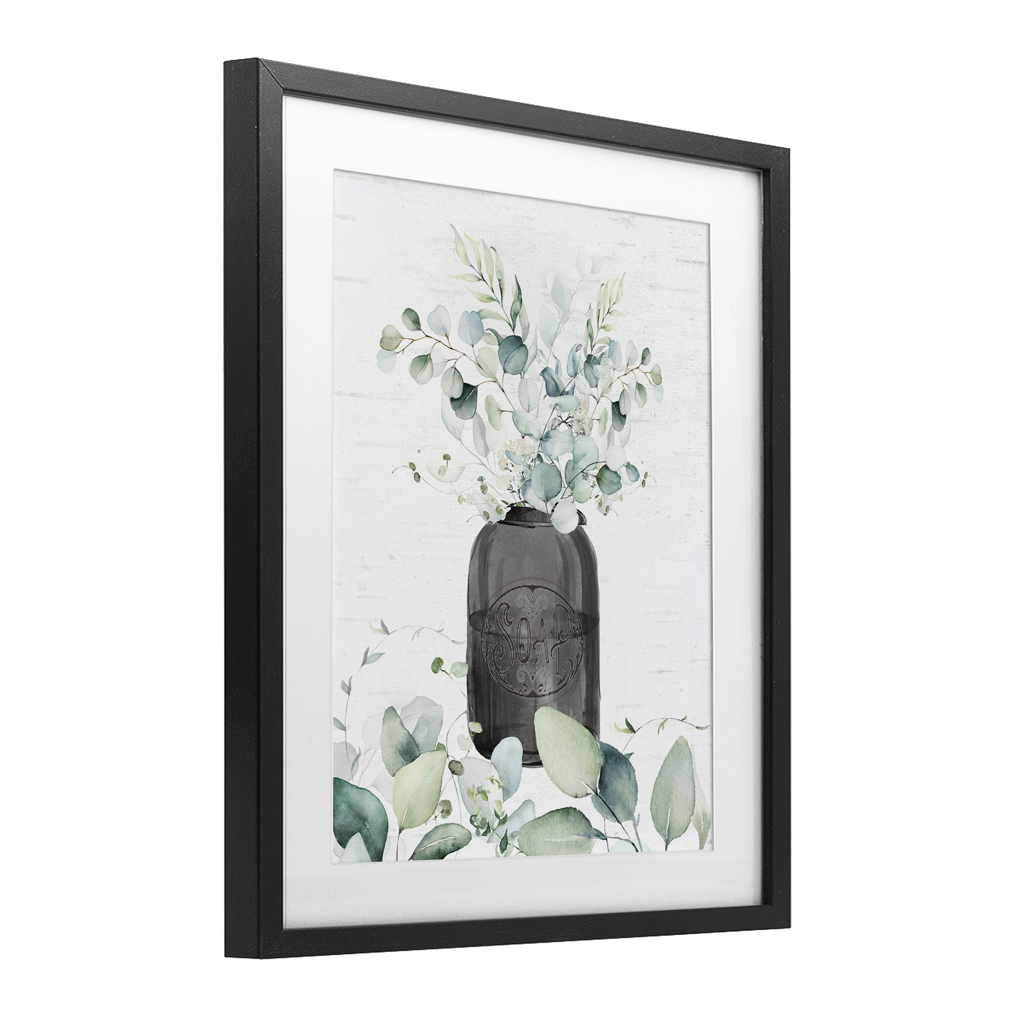 Soap Jar & Eucalyptus Black Framed Print Under Glass, design by Lettered and Lined