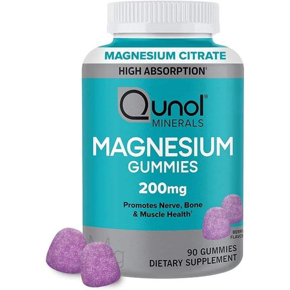 Qunol Magnesium Gummies for Adults, 200mg Elemental Magnesium (from 1,750mg Magnesium Citrate), High Absorption Magnesium Supplement, Supports Nerve, Bone and Muscle Health, Vegetarian, 90 Count
