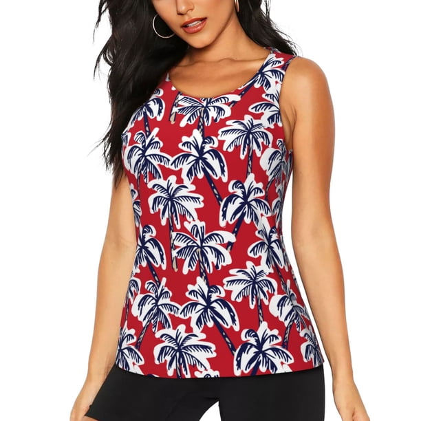 Balery Palm Tree Pattern on Red Camiseta sin mangas estampada ligera para mujer, tops de entrenamiento sin mangas, camisetas de yoga transpirables de secado rápido.-Medium
