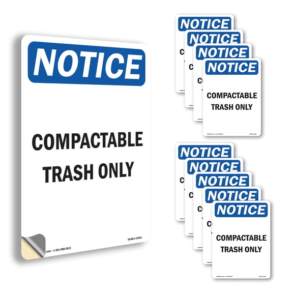 Compactable Trash Only OSHA Notice Vinyl Decal Label 14 Inch x 10 Inch - 10 Pack