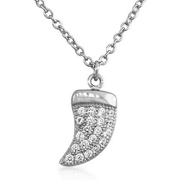 925 Sterling Silver White Clear CZ Italian Horn Pendant Necklace