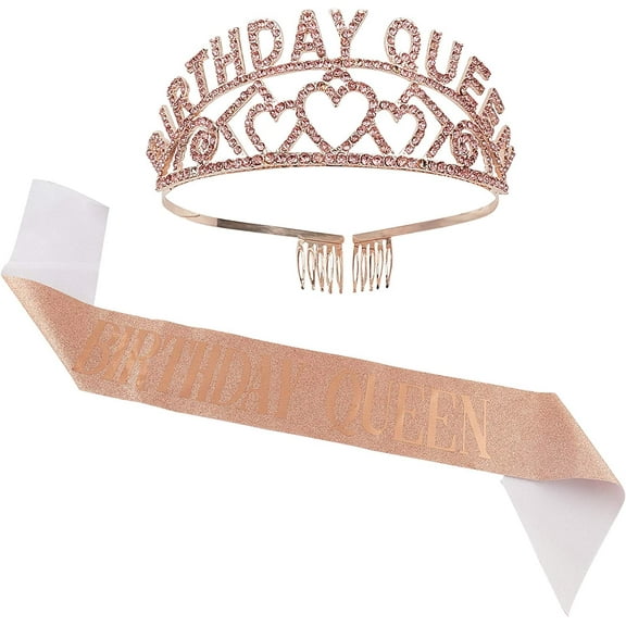 Birthday Queen Sash Party Supplies Birthday Queen Light Coral Aolly with Rhinestone and Sash for Women Birthday Party Decorations