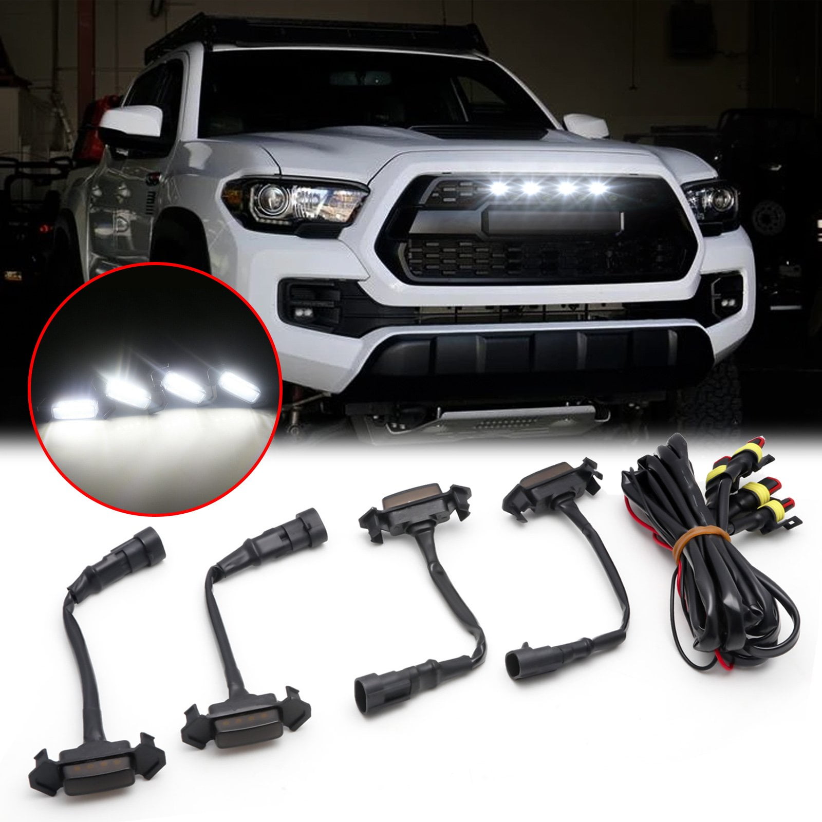 4-SMD 6000K White LED Light Assy & Wiring Harness 4 Includes iJDMTOY 4pc Set Smoked Lens Front Grille Lighting Kit Compatible With 2016-up Toyota Tacoma w/TRD Pro Grill ONLY 