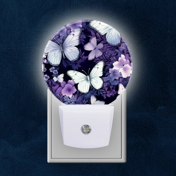 Round LED Night Lights Lamp with Dusk to Dawn Sensor, Purple Themed Butterflies And Flowers Pattern Night Light Plug Into Wall for Kids Room, Bedroom, Bathroom, Kitchen, Hallway