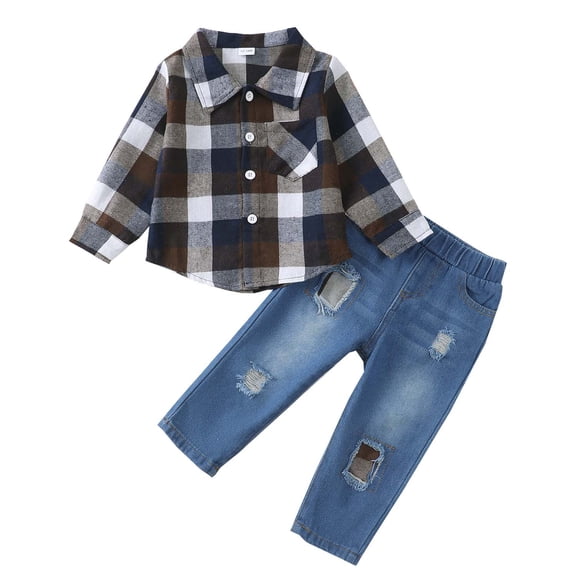 Kucznuki 5 Years Little Boys Outfit Set 6 Years Kid Child Winter Clothes Long Sleeves Plaid Shirt Top Button Tops Ripped Denim Pants Sets 2pcs Warm Clothing Brown