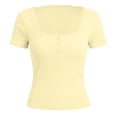 thumbnail image 3 of Women's Short Sleeve Lace Tops 2026 Summer Ribbed Scoop Neck Button T Shirts Fitted Going Out Slim Y2K Fashion Clothes(Yellow,M), 3 of 4