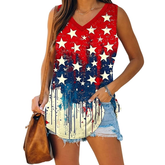 Dolkfu Red Flowy Tank Tops for Women V-Neck Sleeveless Pull-on 250th Anniversary Independence Day Tops Watercolor Wash Abstract Red,Xxl