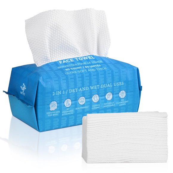 WITHU Disposable Face Towels Soft Face Towelettes Disposable,Makeup Wipes Face Cloths Biodegradable Makeup Remover Wipes for Facial Cleansing, travel face towels Multi-Use Dry Washcloths for All Skin