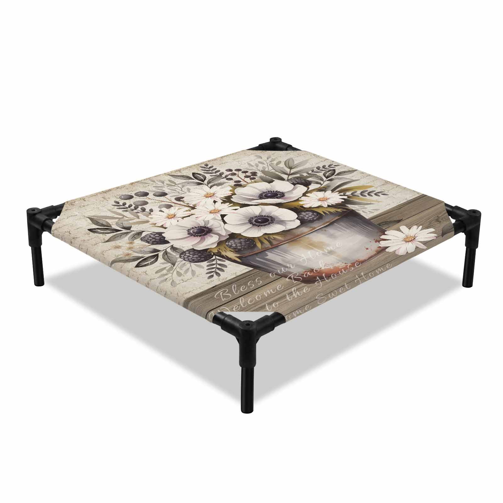 White Flowers Elevated Dog Bed Daisy Leaf Berry Vintage Paper Farmhouses Cooling Breathable Outdoor Raised Dog Cot Bed with Metal Frame Non-Slip Feet for Small Dog 20x20in